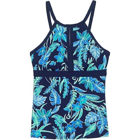 Land’s End Plus Standard high neck keyhole tankini top blue print soft D cup Var - Picture 3 of 14